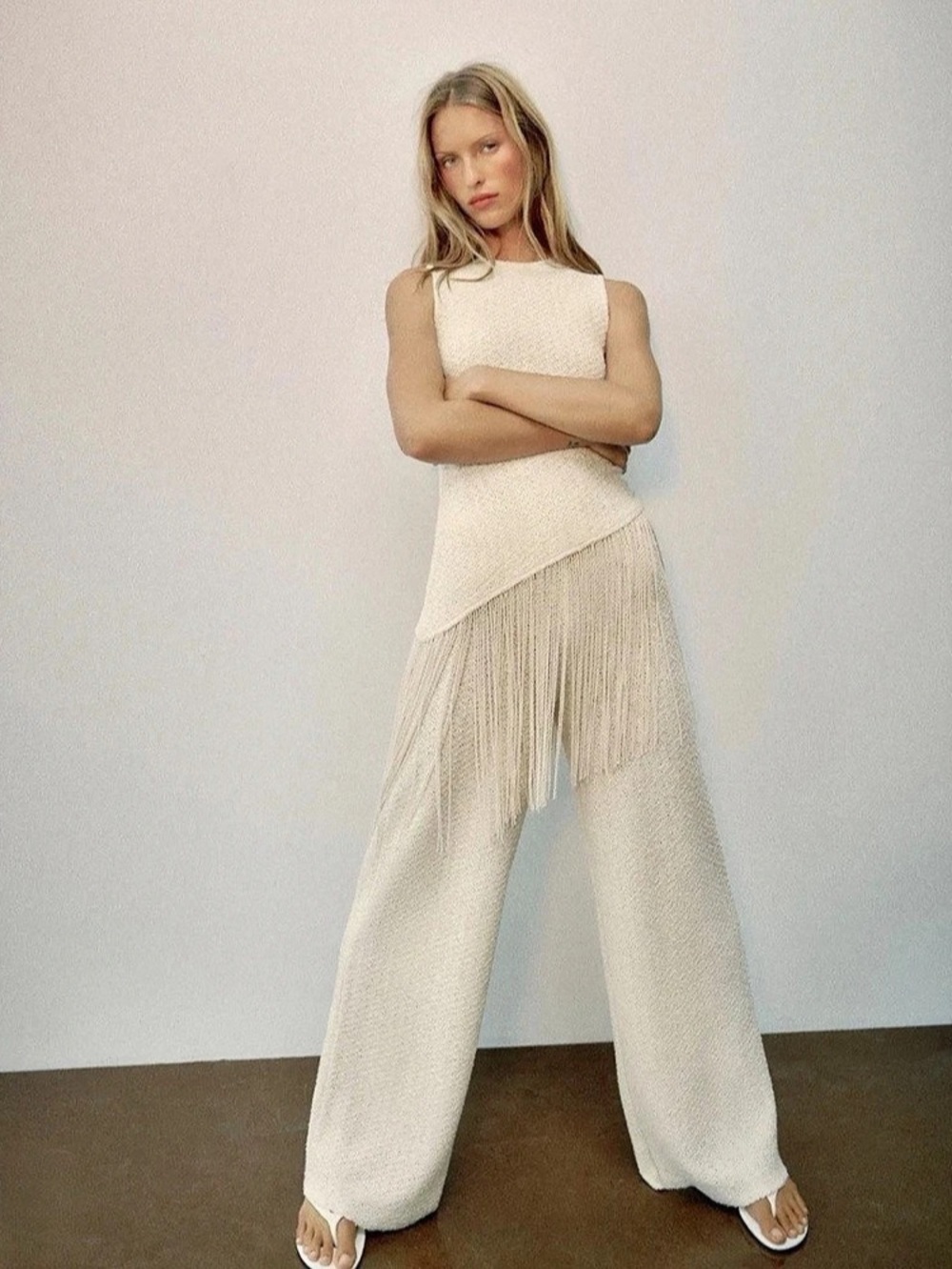 NWT Zara Fringe Rustic Top Cream Fringe Wide Leg Pants